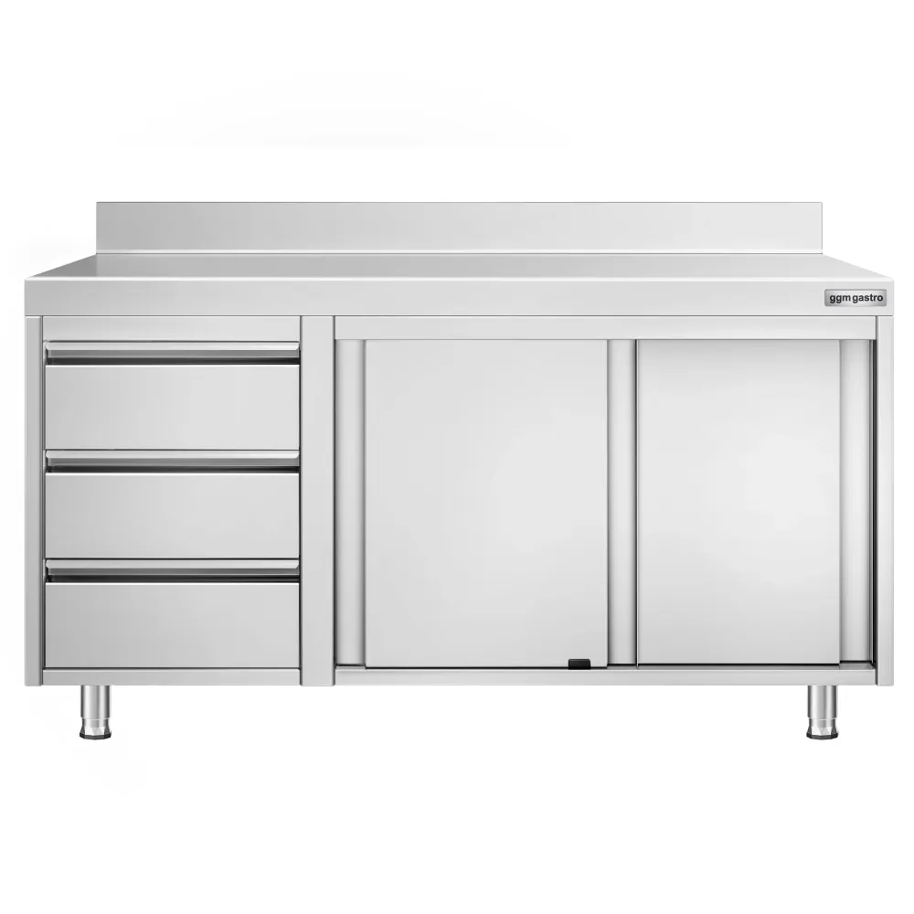 Професионален Работен шкаф от неръждаема стомана PREMIUM - 1400x600mm - с плъзгащи се врати, междинен рафт, 3 чекмеджета в...