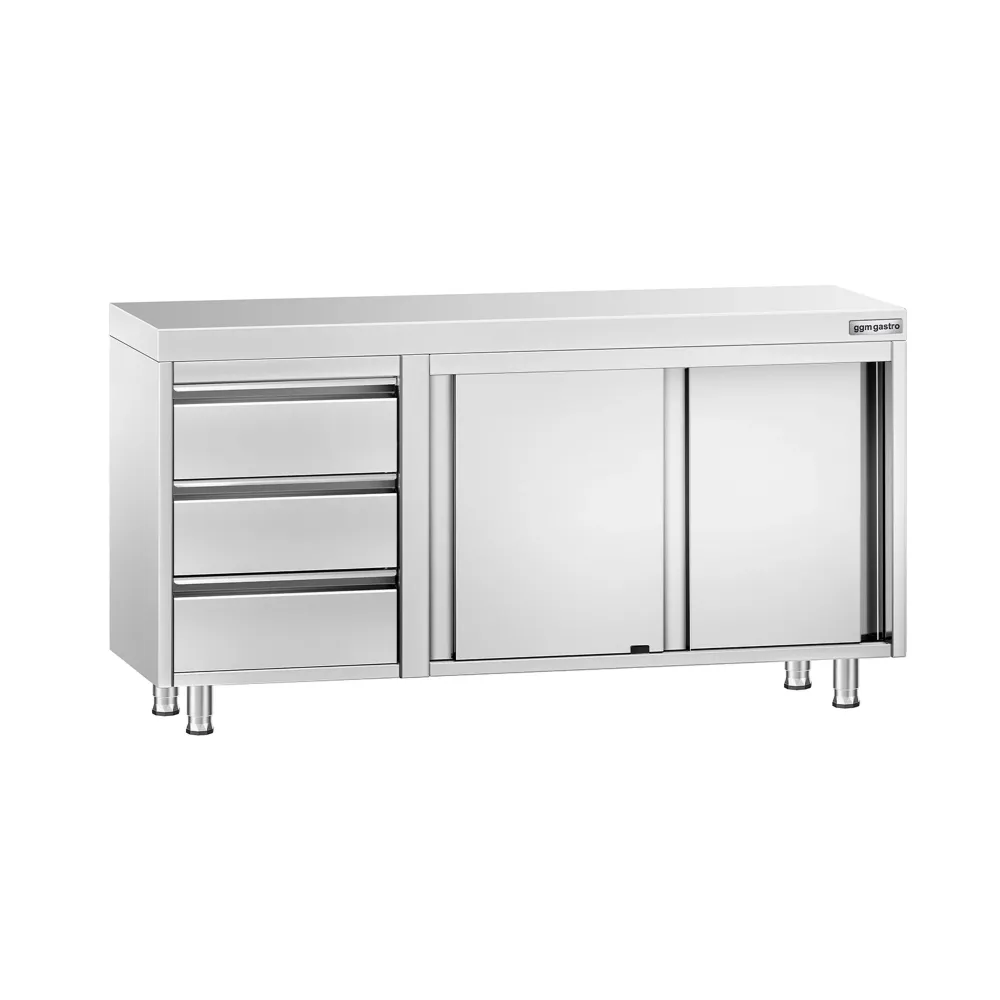 Професионален Работен шкаф от неръждаема стомана PREMIUM - 1400x600mm - с плъзгащи се врати и 3 чекмеджета вляво