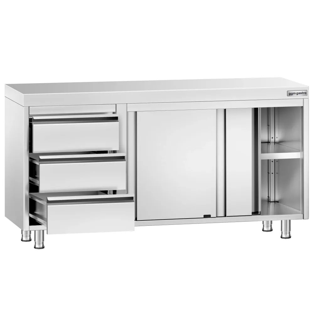 Професионален Работен шкаф от неръждаема стомана PREMIUM - 1400x600mm - с плъзгащи се врати и 3 чекмеджета вляво