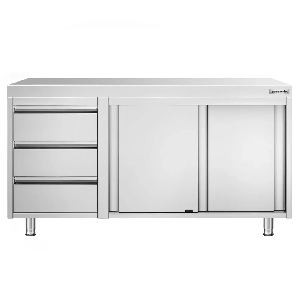 Професионален Работен шкаф от неръждаема стомана PREMIUM - 1400x600mm - с плъзгащи се врати и 3 чекмеджета вляво