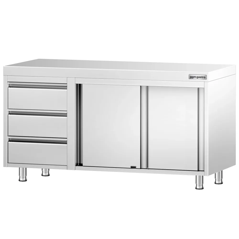 Професионален Работен шкаф от неръждаема стомана PREMIUM - 1400x600mm - с плъзгащи се врати и 3 чекмеджета вляво
