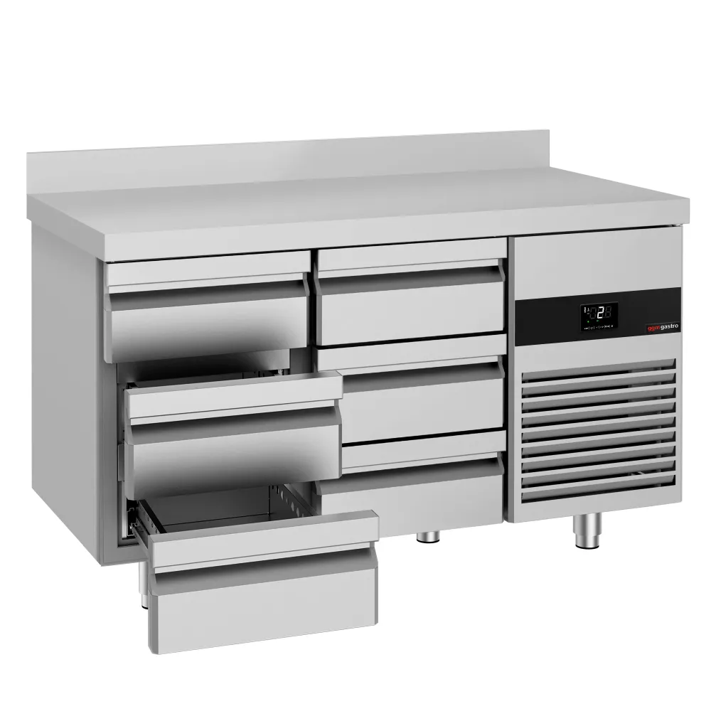 Професионална хладилна маса PREMIUM - 1400x700mm - с 6 чекмеджета - GN 1/1 - вентилирано охлаждане - с гръб 100мм