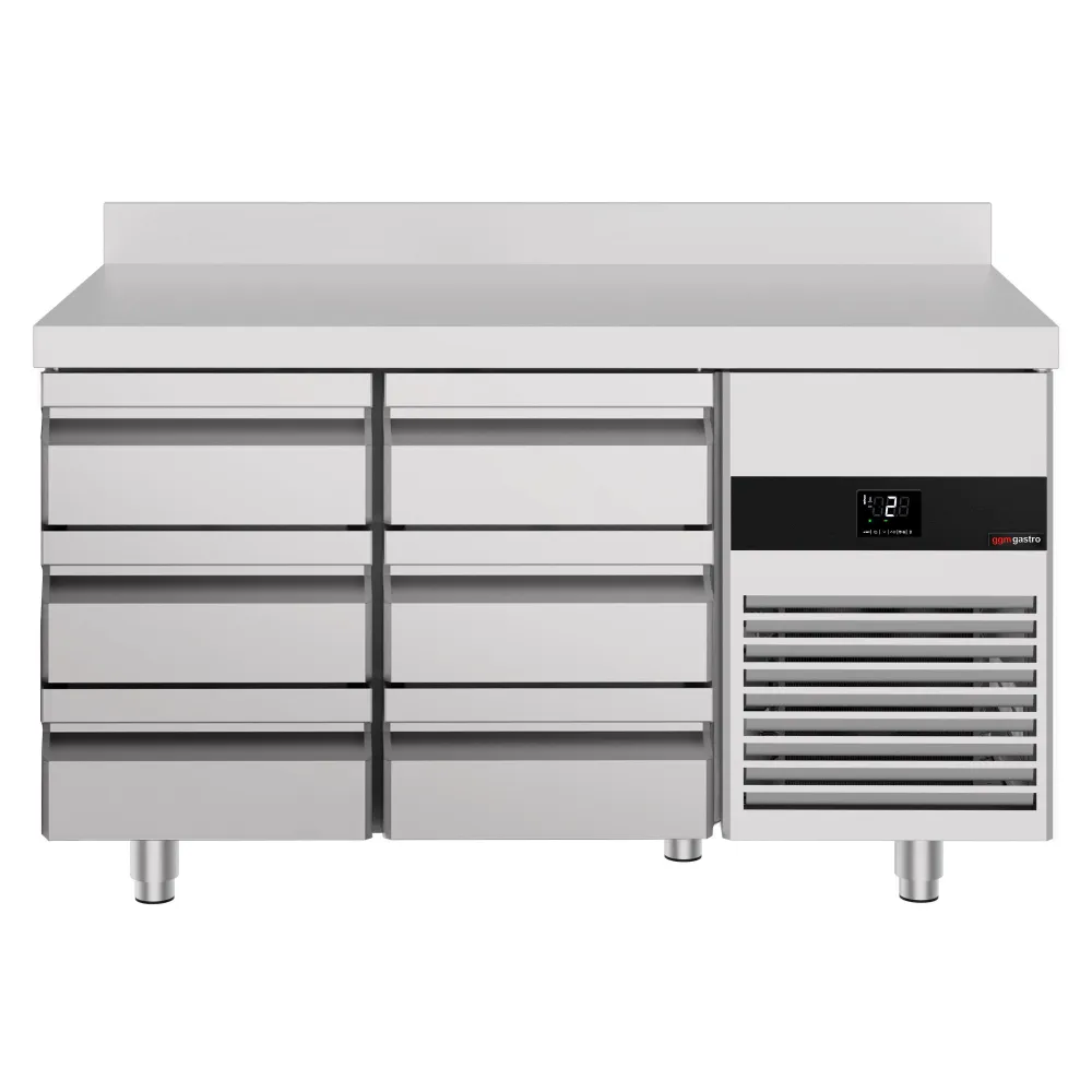 Професионална хладилна маса PREMIUM - 1400x700mm - с 6 чекмеджета - GN 1/1 - вентилирано охлаждане - с гръб 100мм
