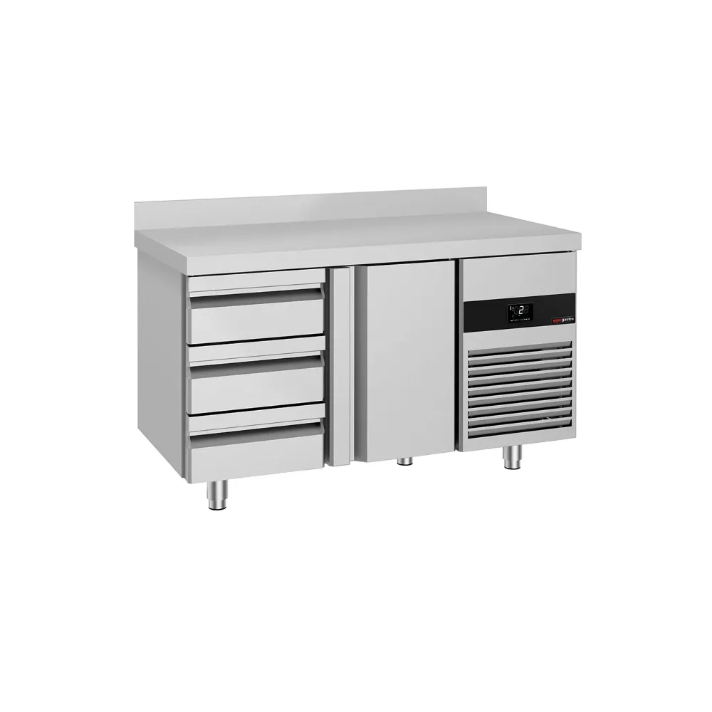Професионална хладилна маса PREMIUM - 1400x700mm - с 1 врата - 3 чекмеджета - с гръб 100мм - вентилирано охлаждане