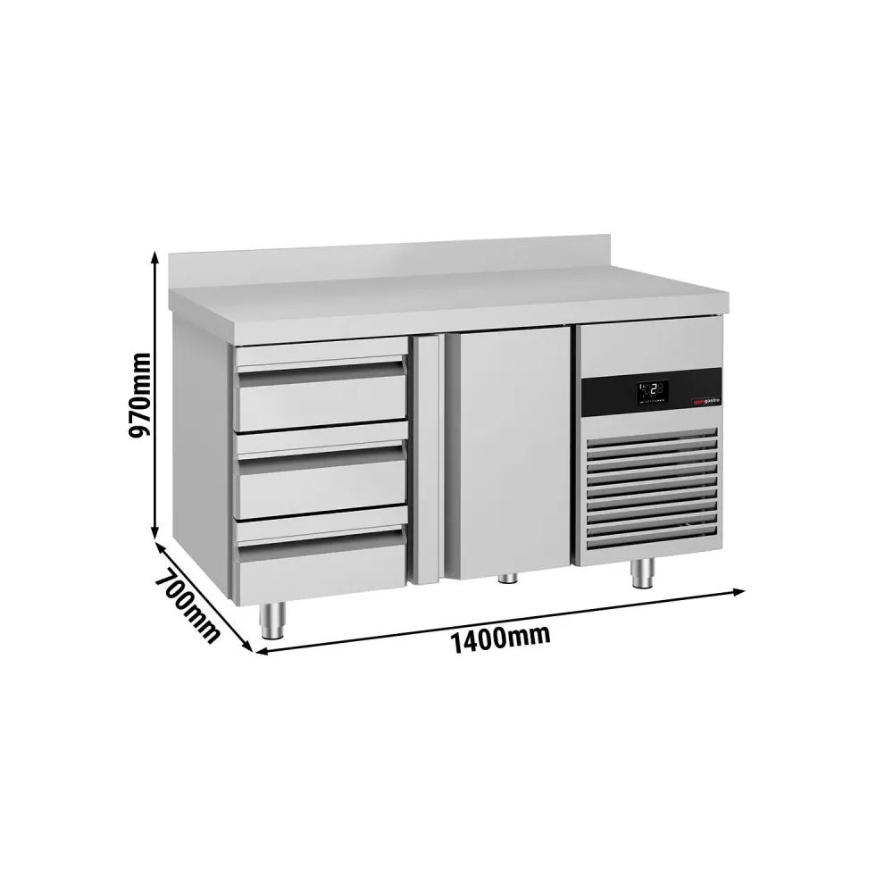 Професионална хладилна маса PREMIUM - 1400x700mm - с 1 врата - 3 чекмеджета - с гръб 100мм - вентилирано охлаждане