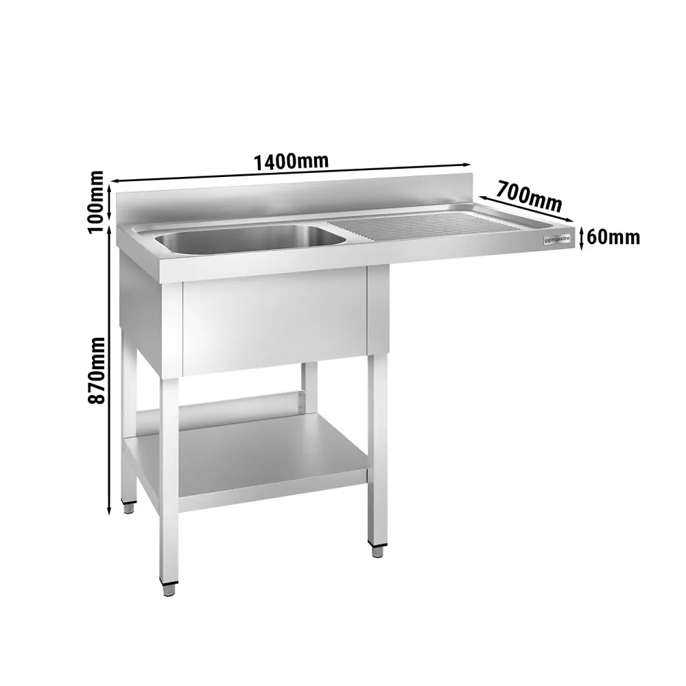 Маса за миялна машина PREMIUM - 1400x700mm - с 1 корито вляво - със заден борд 100mm - корито 600x500x300mm - с долен рафт