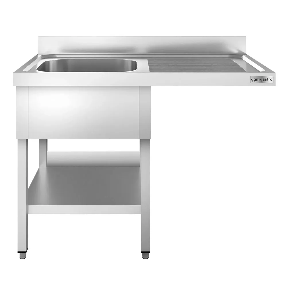 Маса за миялна машина PREMIUM - 1400x700mm - с 1 корито вляво - със заден борд 100mm - корито 600x500x300mm - с долен рафт