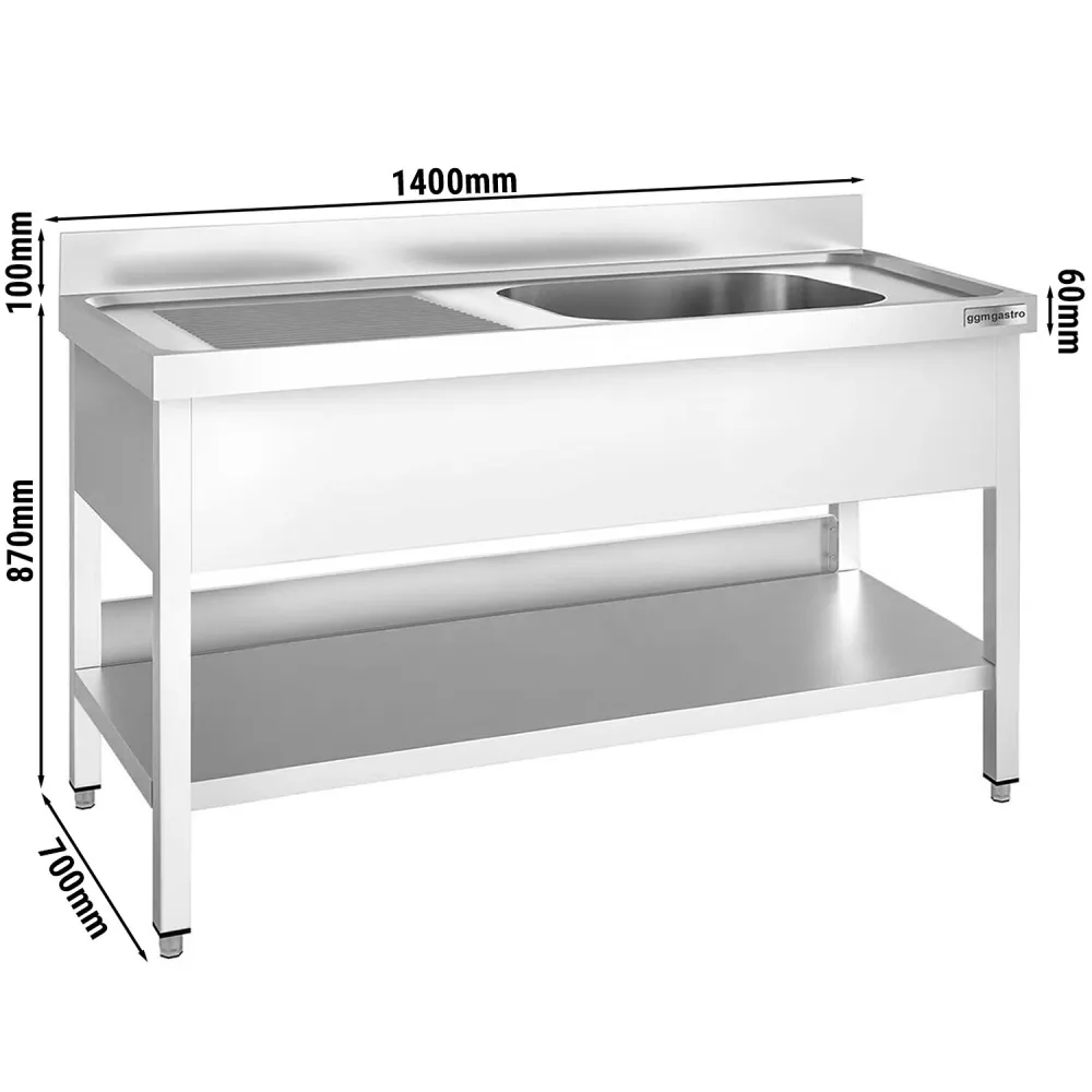 Професионална мивка от неръждаема стомана PREMIUM - 1400x700mm - с долен рафт - с 1 корито вдясно