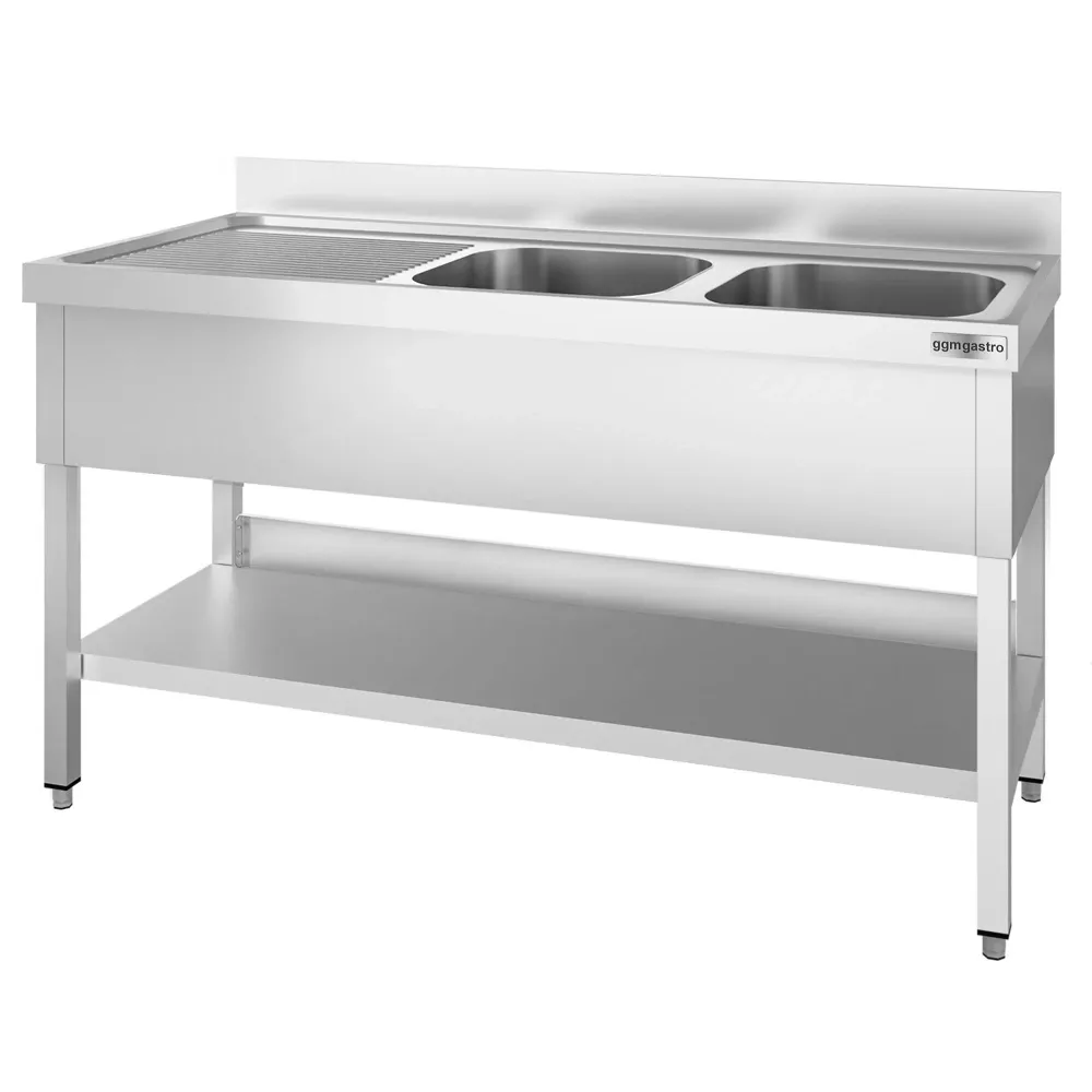 Професионална мивка от неръждаема стомана PREMIUM - 1400x700mm - с долен рафт - с 2 корита вдясно