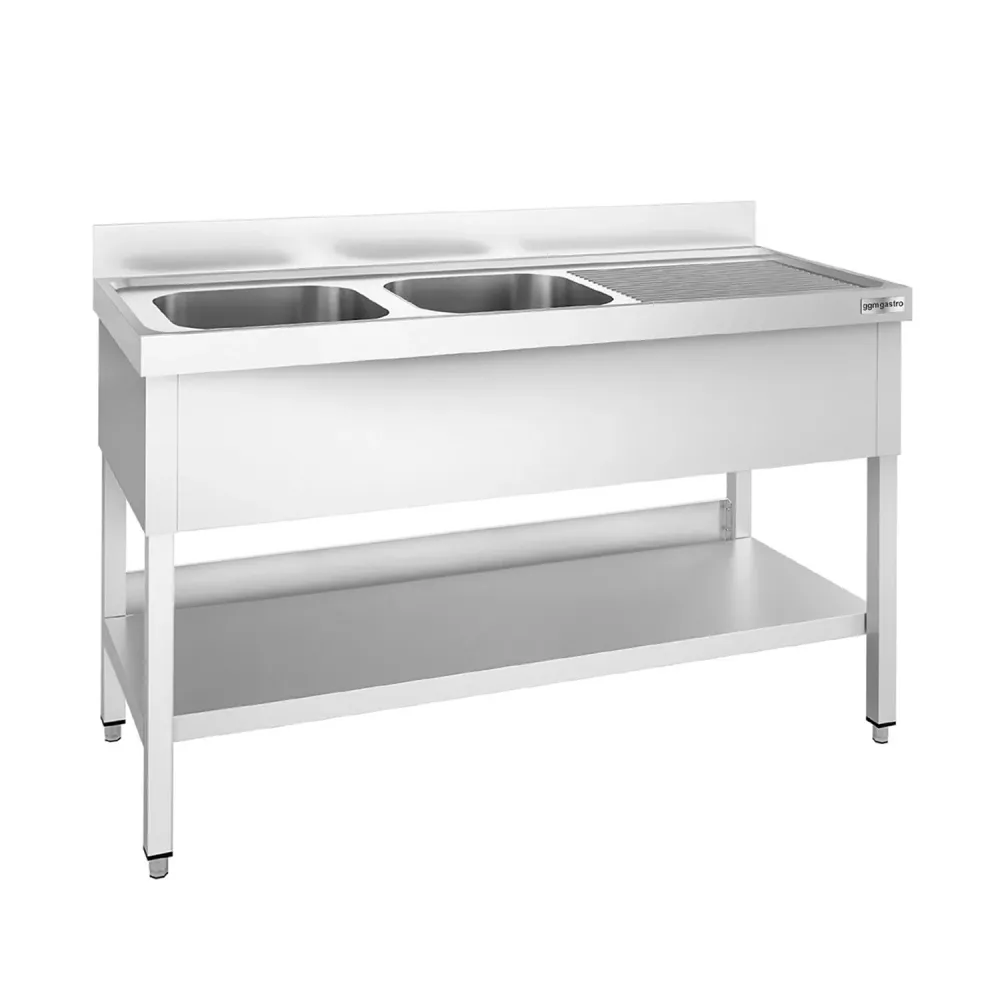 Професионална мивка от неръждаема стомана PREMIUM - 1400x700mm - с долен рафт - с 2 корита вляво