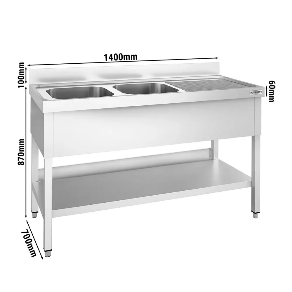 Професионална мивка от неръждаема стомана PREMIUM - 1400x700mm - с долен рафт - с 2 корита вляво