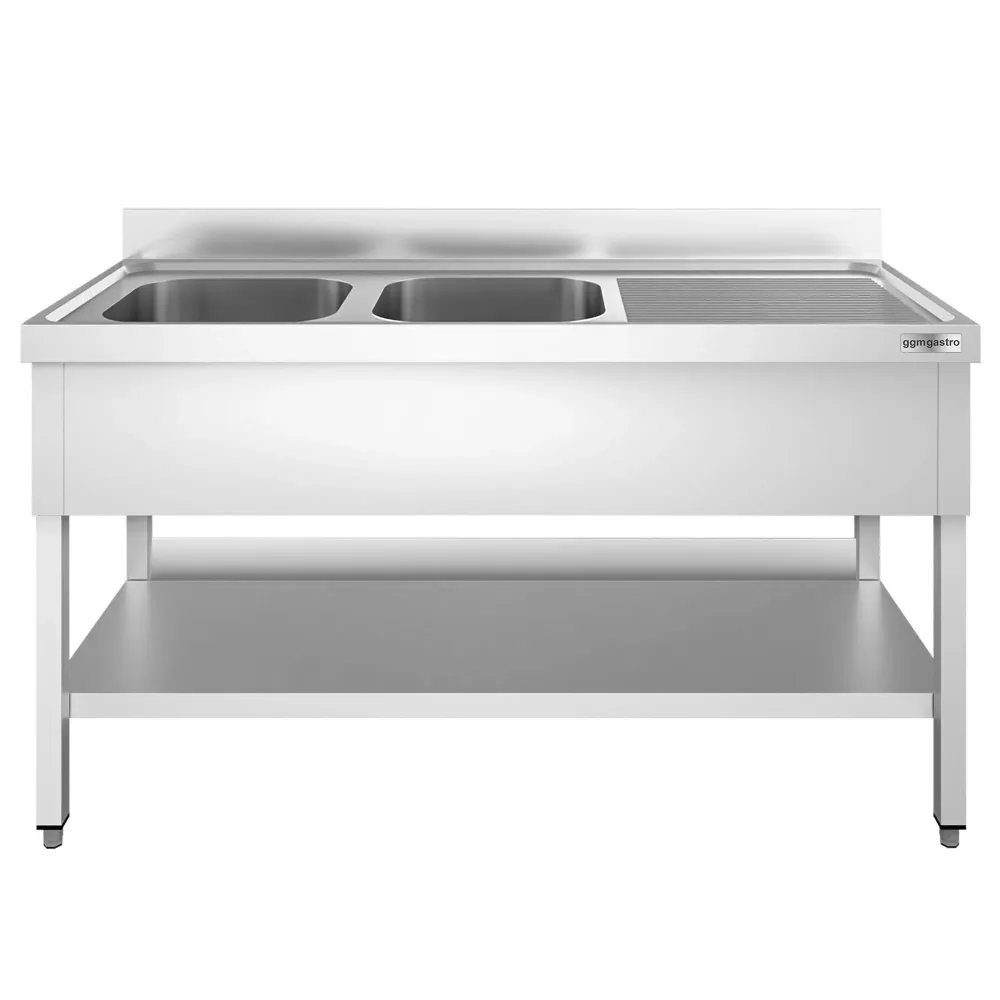 Професионална мивка от неръждаема стомана PREMIUM - 1400x700mm - с долен рафт - с 2 корита вляво