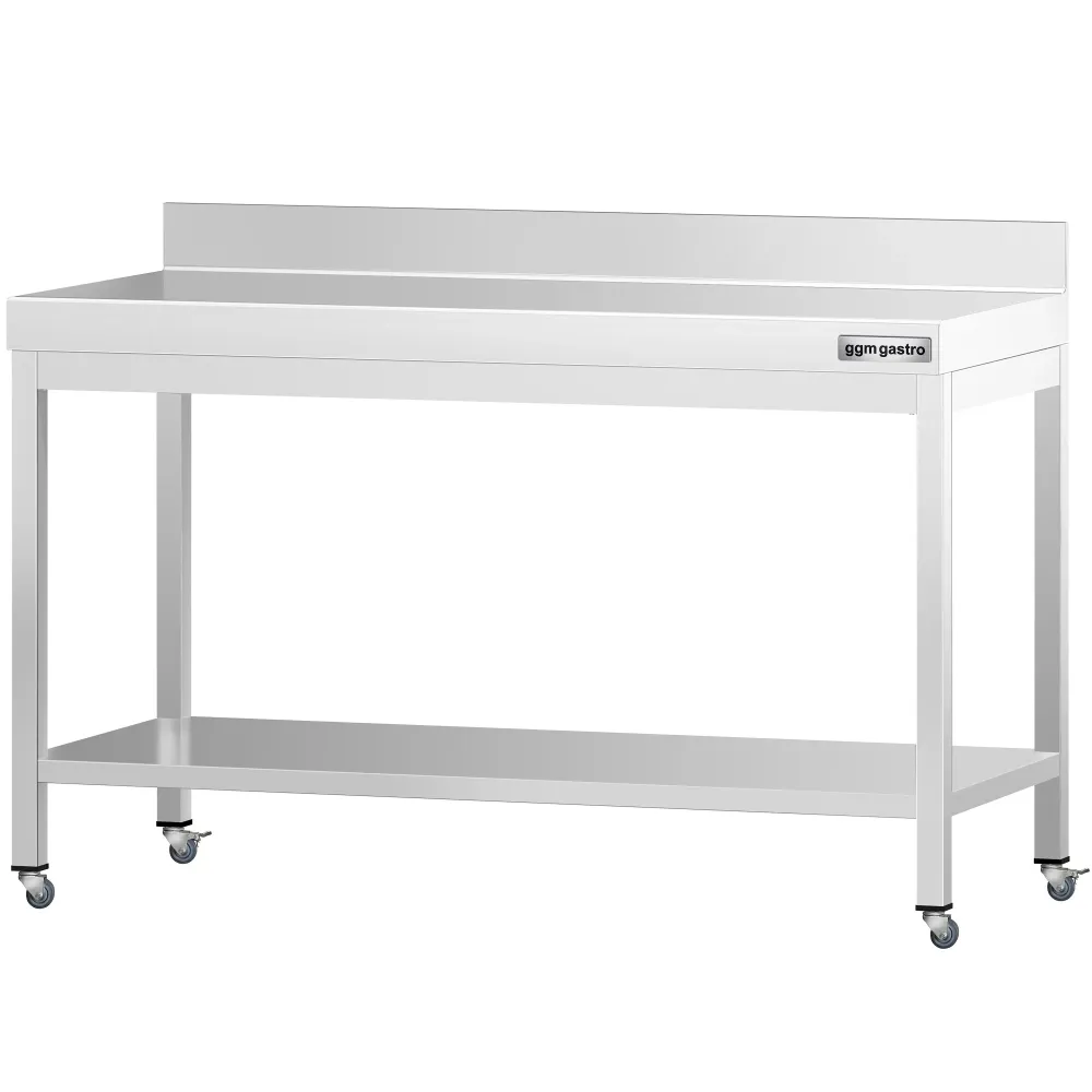 Работна маса PREMIUM от неръждаема стомана - 1400x700mm - с основа, стойка и колелца