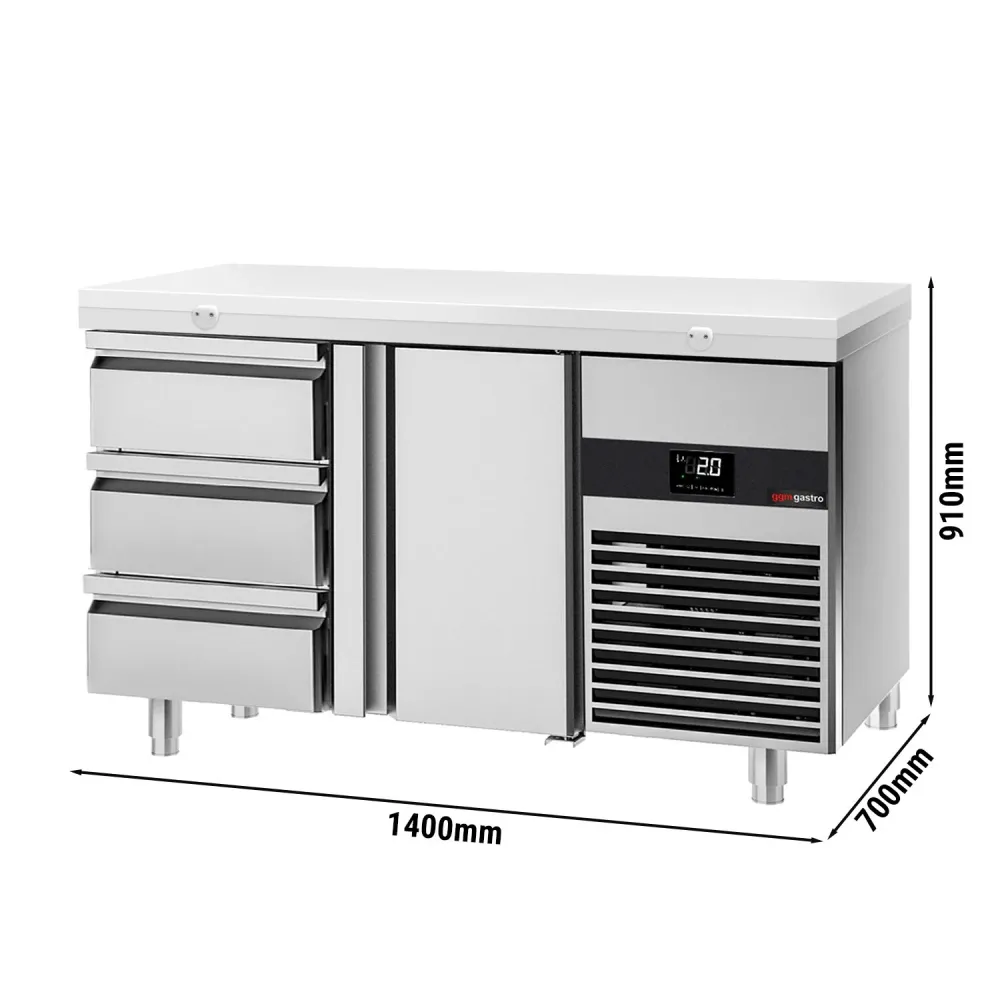 Професионална хладилна маса PREMIUM - 1400x700mm - с 1 врата - 3 чекмеджета - GN 1/1 - включена дъска за рязане