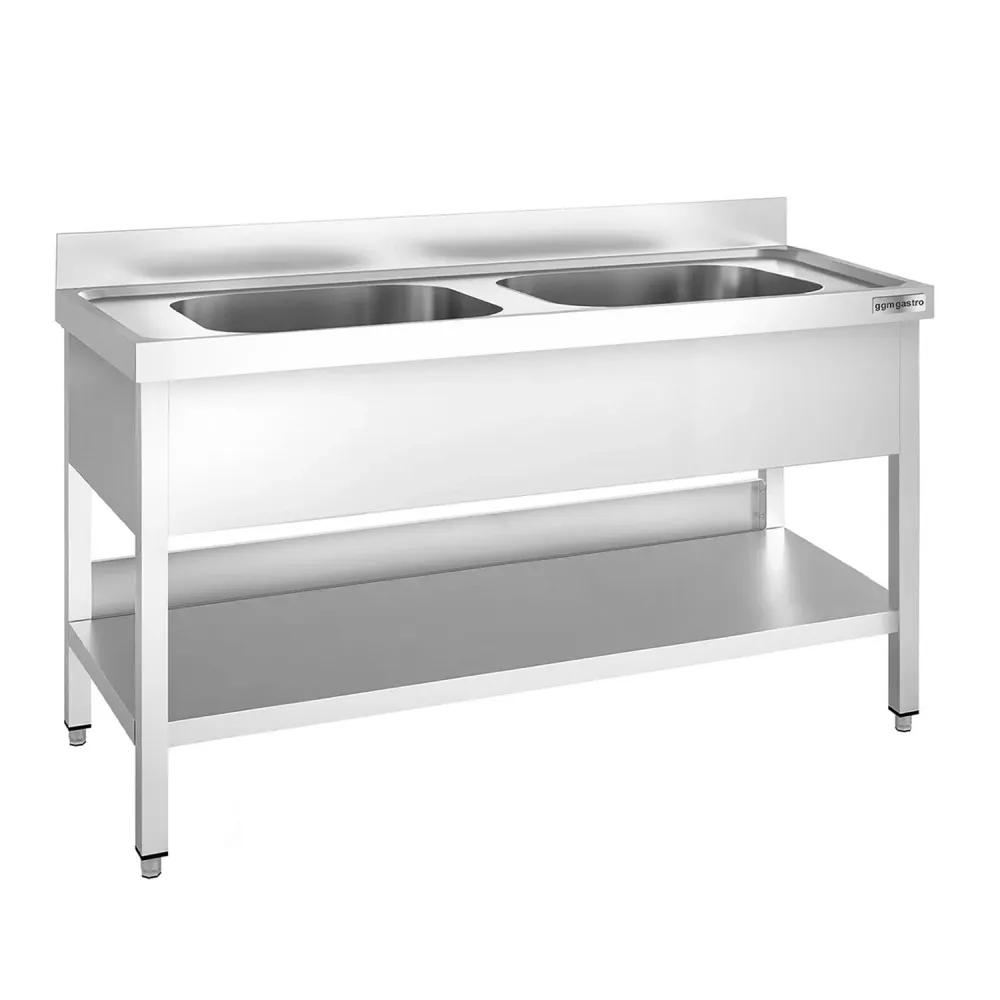 Професионална мивка от неръждаема стомана PREMIUM - 1400x700mm - с долен рафт - с 2 корита централно