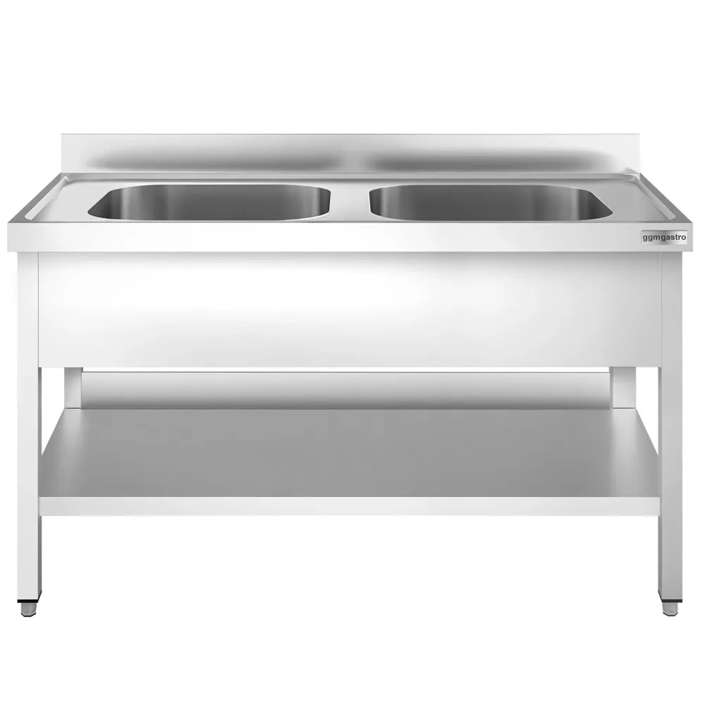 Професионална мивка от неръждаема стомана PREMIUM - 1400x700mm - с долен рафт - с 2 корита централно
