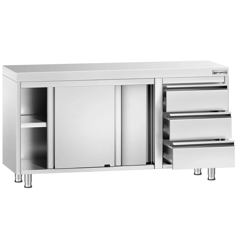 Професионален Работен шкаф от неръждаема стомана PREMIUM - 1400x700mm - с плъзгащи се врати, междинен рафт, 3 чекмеджета в...