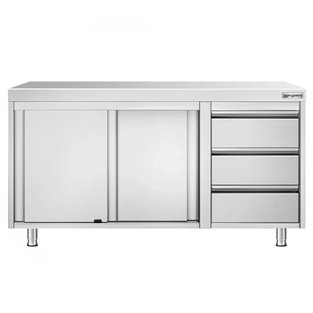 Професионален Работен шкаф от неръждаема стомана PREMIUM - 1400x700mm - с плъзгащи се врати, междинен рафт, 3 чекмеджета в...