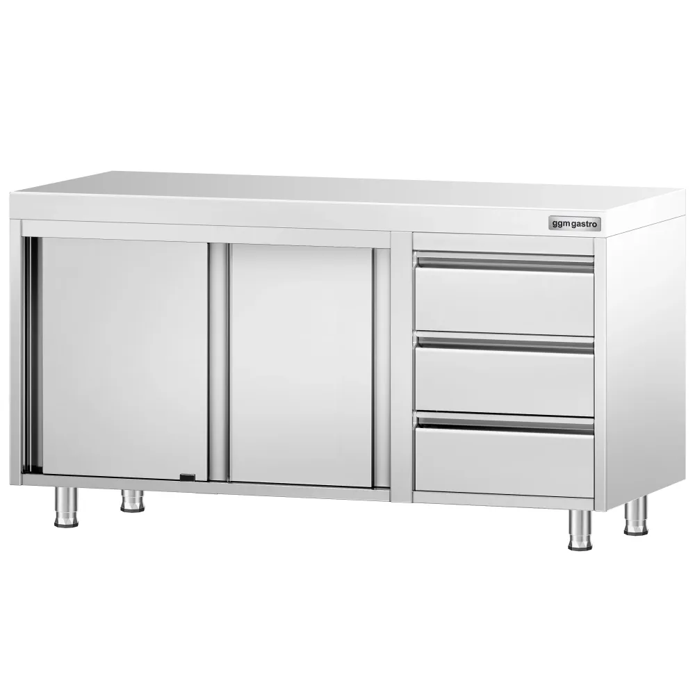 Професионален Работен шкаф от неръждаема стомана PREMIUM - 1400x700mm - с плъзгащи се врати, междинен рафт, 3 чекмеджета в...