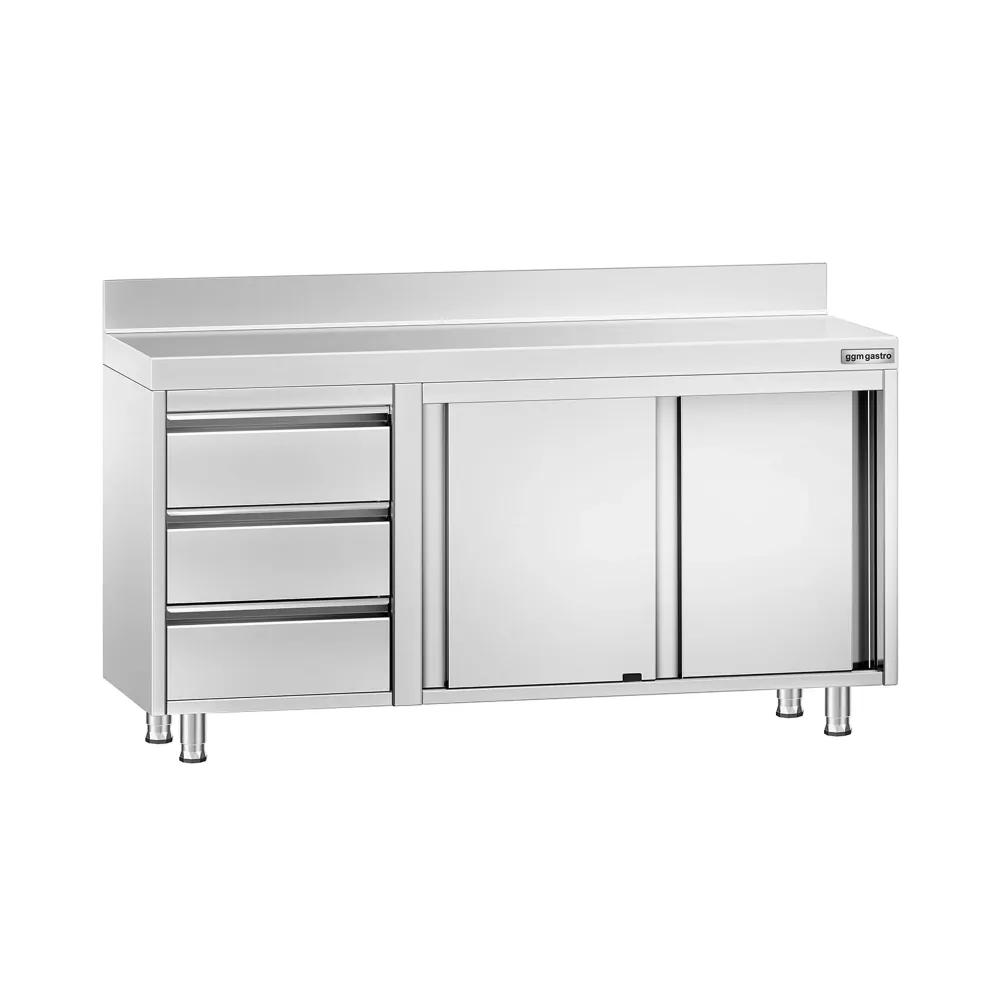 Професионален Работен шкаф от неръждаема стомана PREMIUM - 1400x700mm - с плъзгащи се врати - с 3 чекмеджета вляво & Борд
