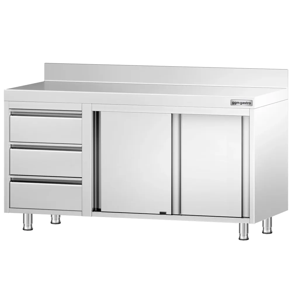 Професионален Работен шкаф от неръждаема стомана PREMIUM - 1400x700mm - с плъзгащи се врати - с 3 чекмеджета вляво & Борд