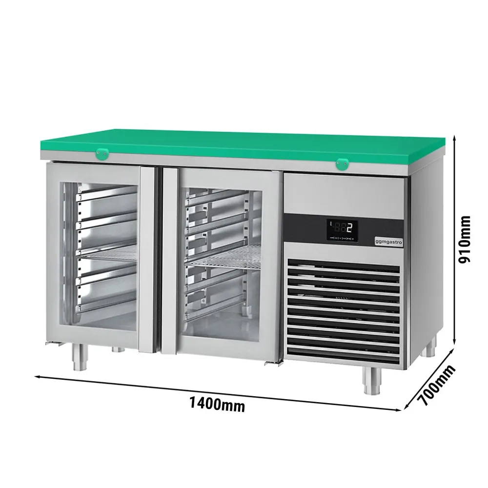Професионална хладилна маса PREMIUM - 1400x700mm - с 2 стъклени врати - GN 1/1 - вентилирано охлаждане - включена дъска за...