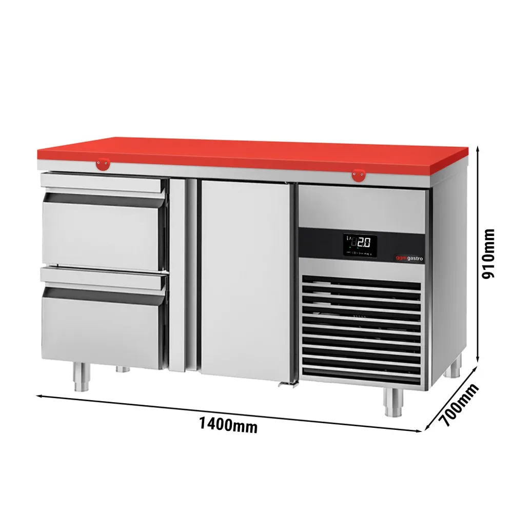 Професионална хладилна маса PREMIUM - 1400x700mm - с 1 врата - 2 чекмеджета - GN 1/1 - включена дъска за рязане за месарск...