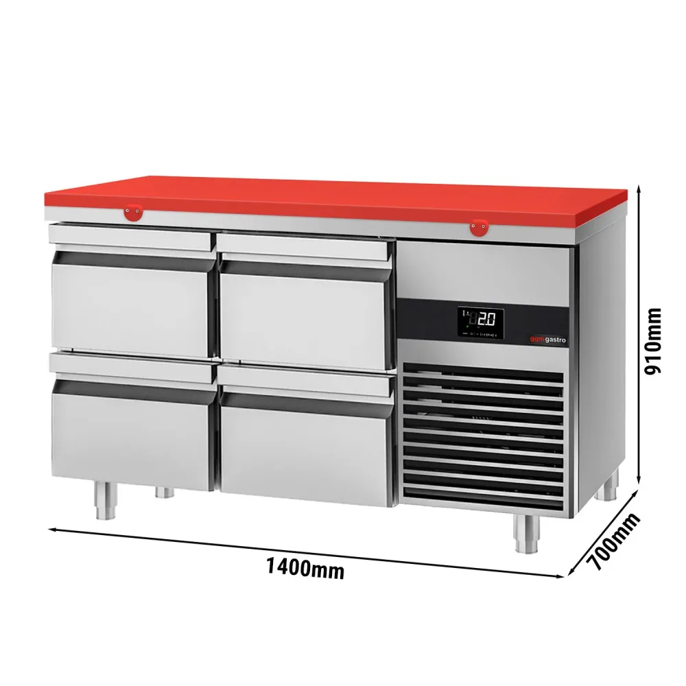 Професионална хладилна маса PREMIUM - 1400x700mm - с 4 чекмеджета - GN 1/1 - вентилирано охлаждане - включена дъска за ряз...