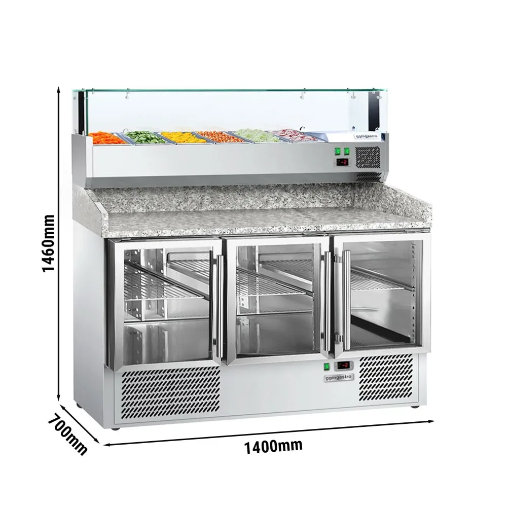 Хладилна маса за пица PREMIUM - 1400x700mm - с гранитен плот - с 3 стъклени врати - с охлаждаща надстройка с LED осветлени...