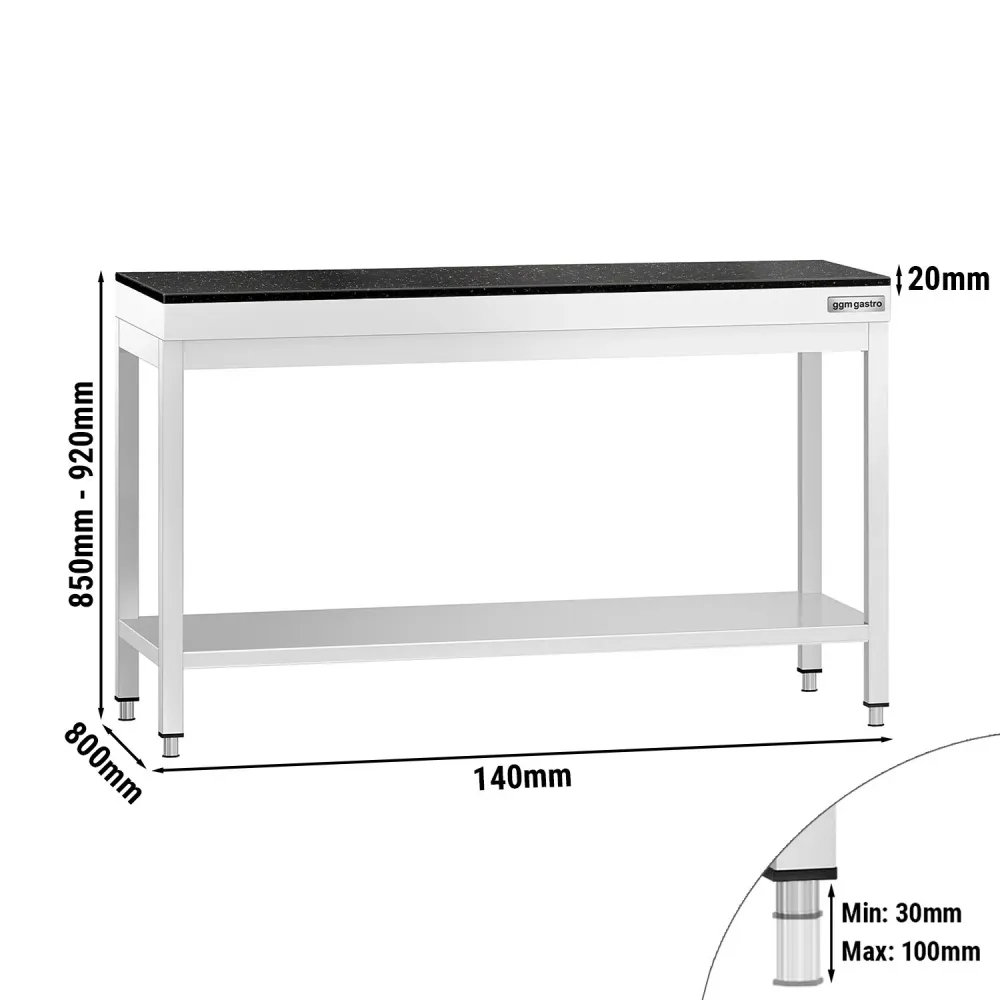 Маса от неръждаема стомана PREMIUM - 1400x800mm - с основен рафт - с включен плот от гранит