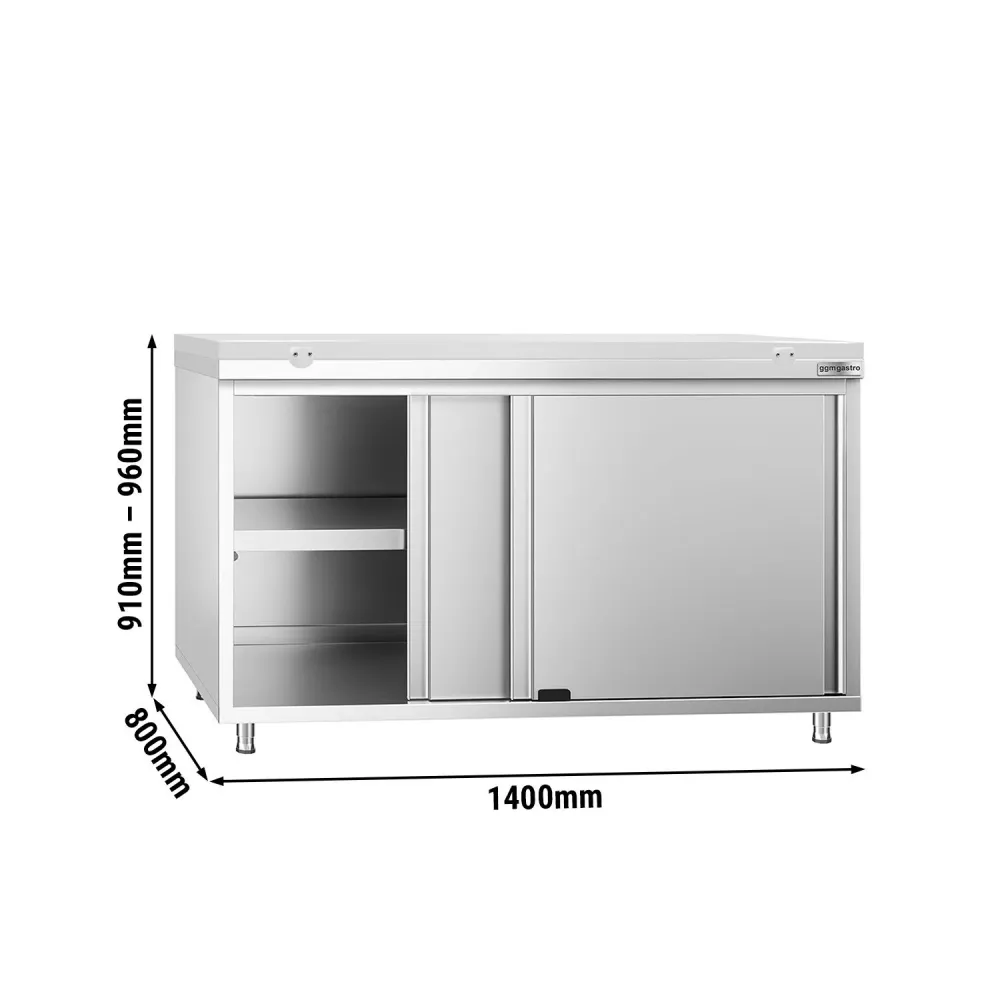 Професионален Работен шкаф от неръждаема стомана PREMIUM - 1400x800mm - с плъзгащи се врати - вкл. Дъска за рязане за меса...