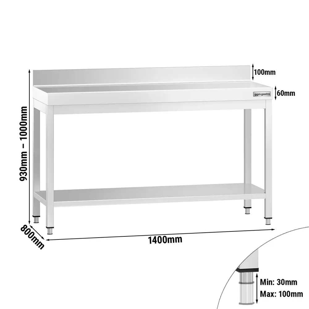 Маса от неръждаема стомана PREMIUM - 1400x800mm - с основен рафт и борд отзад