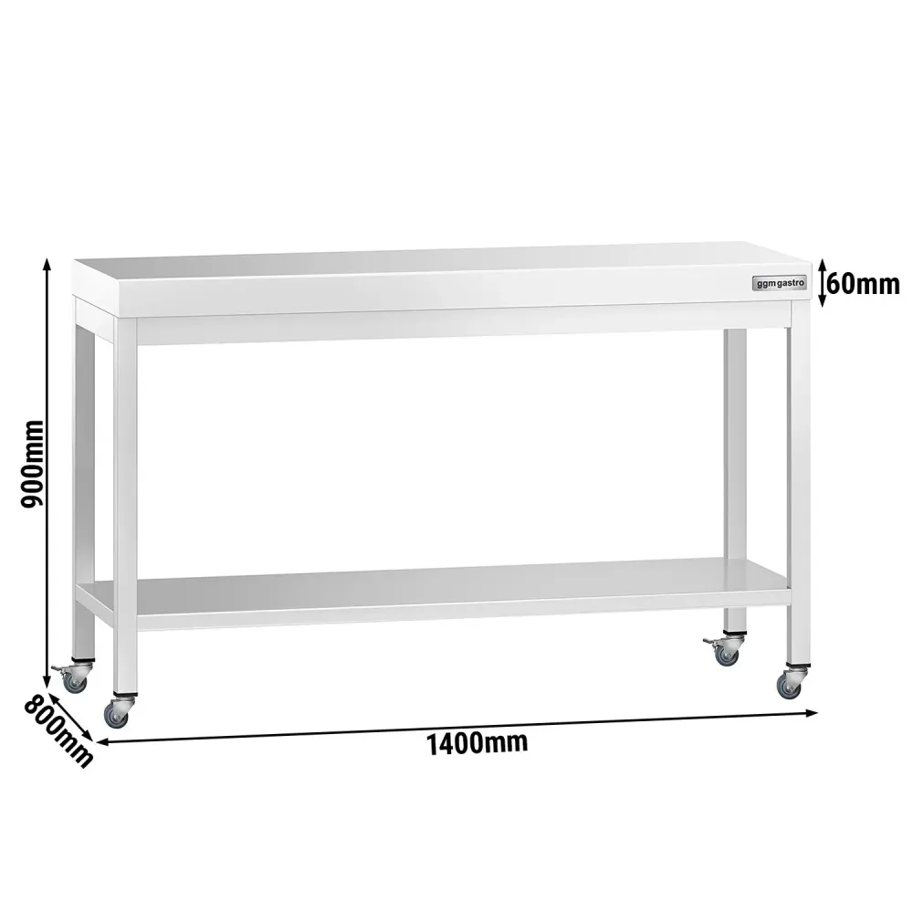 Работна маса PREMIUM от неръждаема стомана - 1400x800mm - с основа и колелца