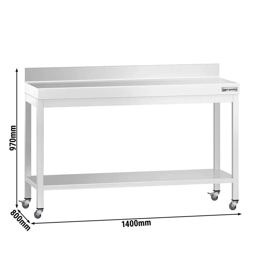 Работна маса PREMIUM от неръждаема стомана - 1400x800mm - с основа, стойка и колелца