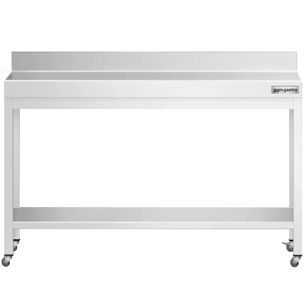 Работна маса PREMIUM от неръждаема стомана - 1400x800mm - с основа, стойка и колелца