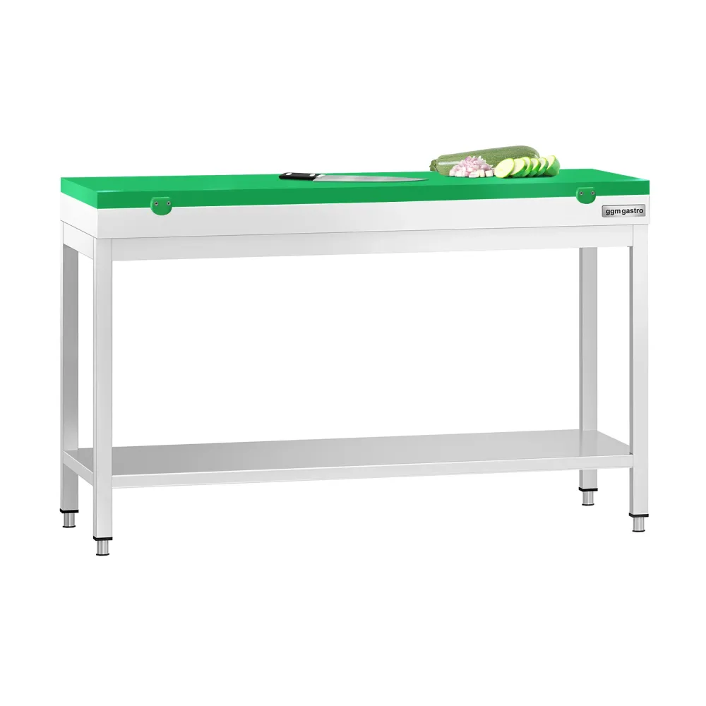 Маса от неръждаема стомана PREMIUM - 1400x800mm - с основен рафт - с включена дъска за рязане - зелена