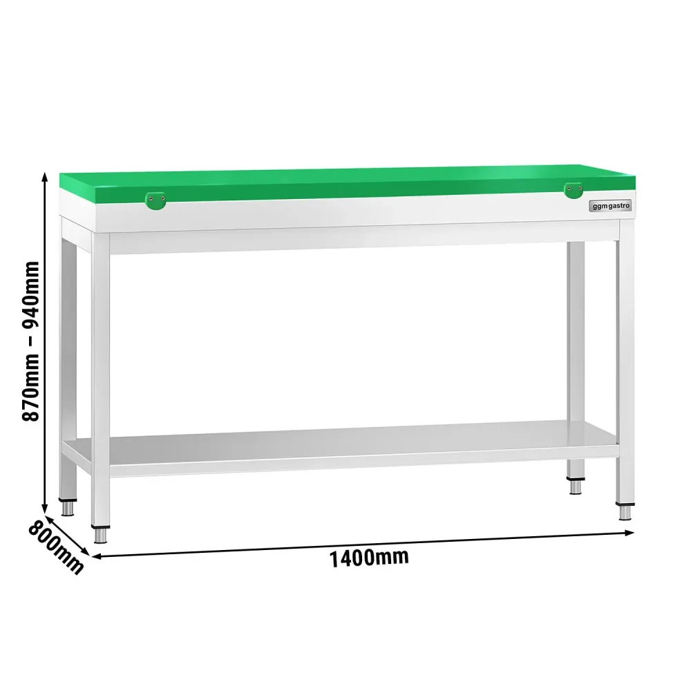 Маса от неръждаема стомана PREMIUM - 1400x800mm - с основен рафт - с включена дъска за рязане - зелена