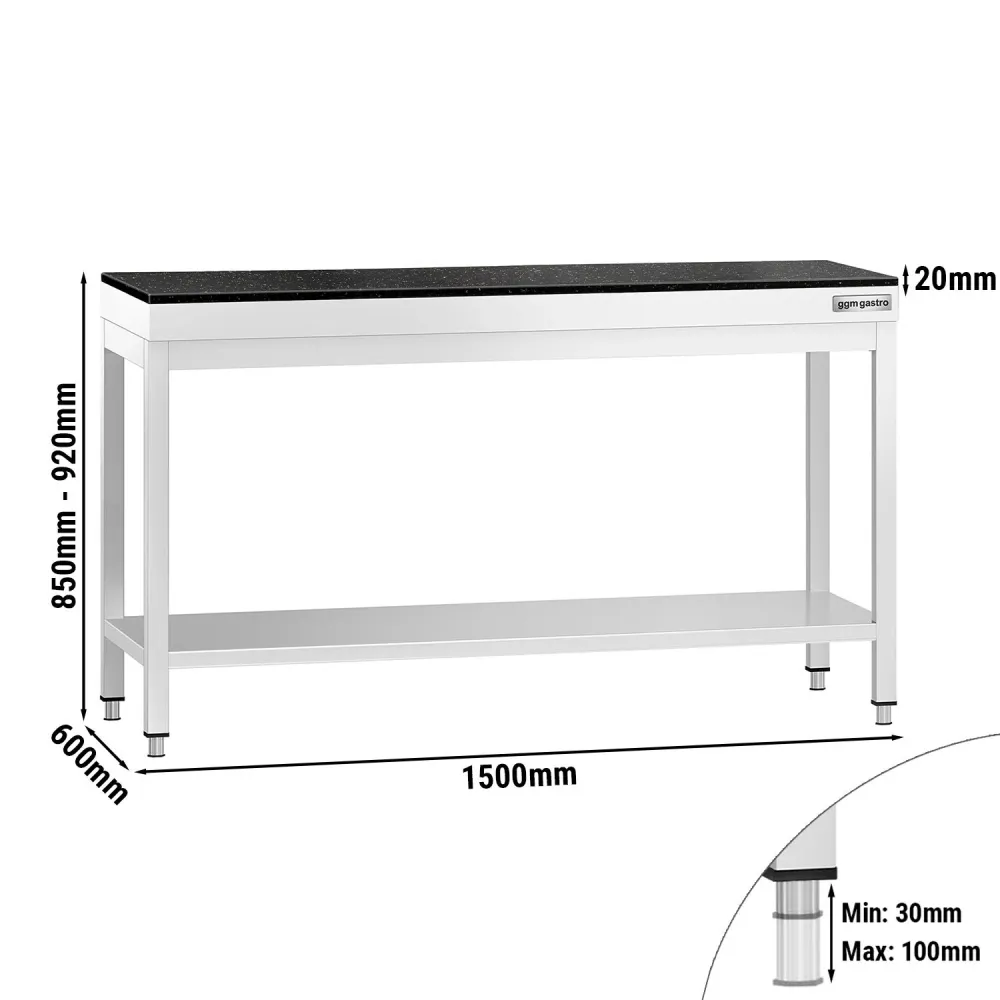 Маса от неръждаема стомана PREMIUM - 1500x600mm - с основен рафт - с включен плот от гранит
