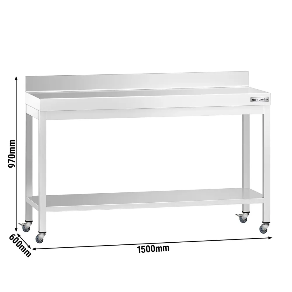 Работна маса PREMIUM от неръждаема стомана - 1500x600mm - с основа, стойка и колелца