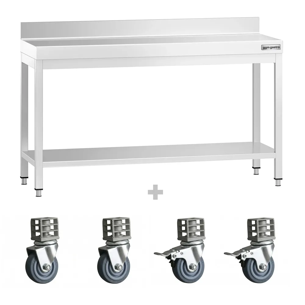 Работна маса PREMIUM от неръждаема стомана - 1500x600mm - с основа, стойка и колелца