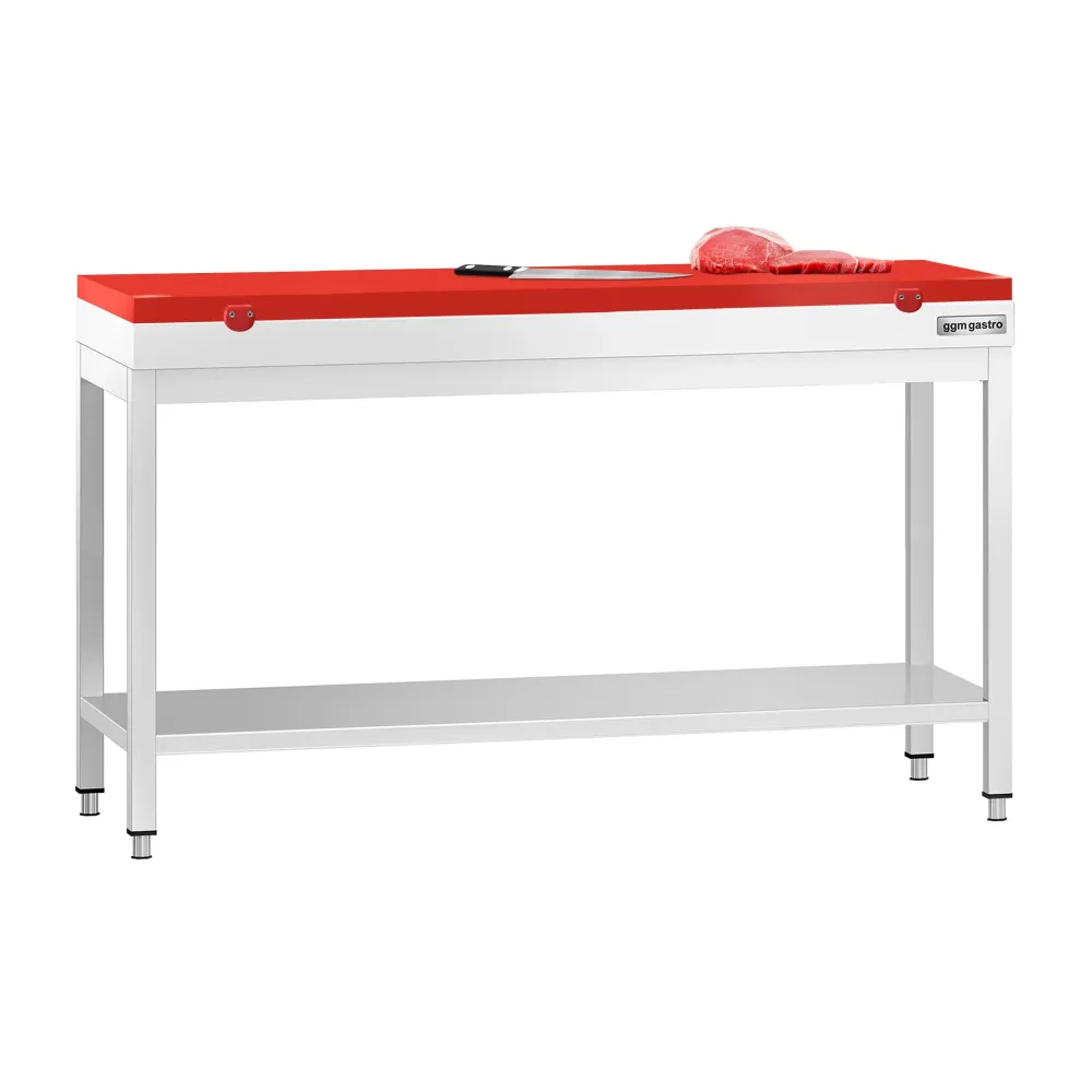 Маса от неръждаема стомана PREMIUM - 1500x600mm - с основен рафт - с включена дъска за рязане - червена