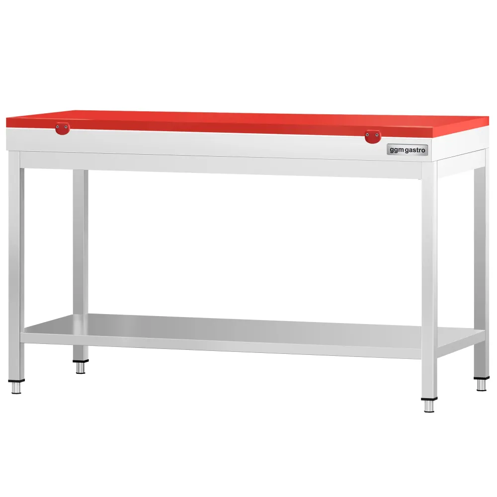 Маса от неръждаема стомана PREMIUM - 1500x600mm - с основен рафт - с включена дъска за рязане - червена