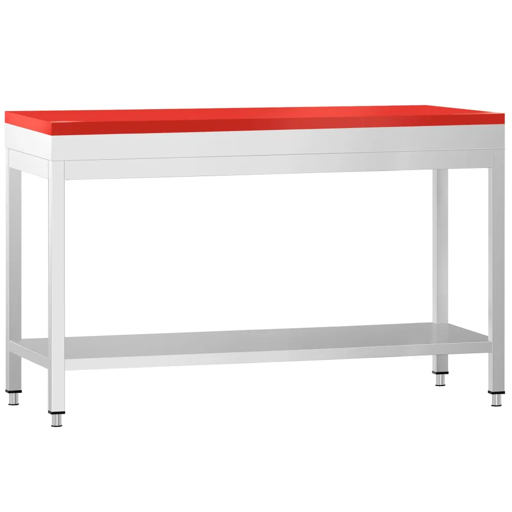 Маса от неръждаема стомана PREMIUM - 1500x600mm - с основен рафт - с включена дъска за рязане - червена