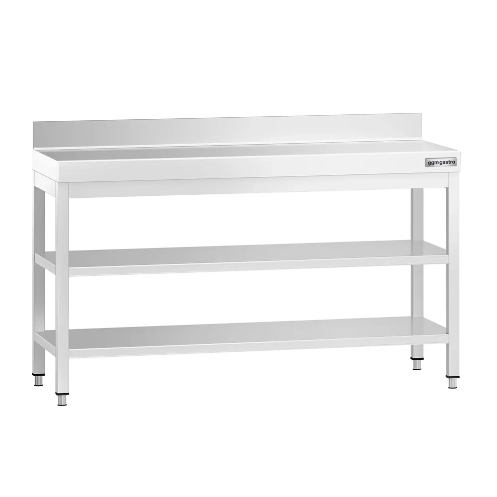 Маса от неръждаема стомана PREMIUM - 1500x600mm - с основен рафт и борд отзад и междинен рафт