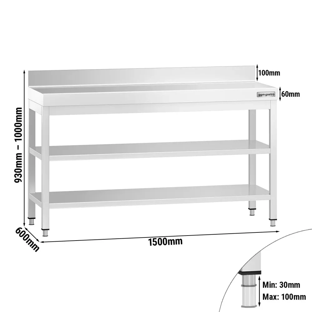 Маса от неръждаема стомана PREMIUM - 1500x600mm - с основен рафт и борд отзад и междинен рафт