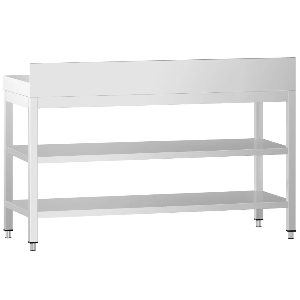 Маса от неръждаема стомана PREMIUM - 1500x600mm - с основен рафт и борд отзад и междинен рафт