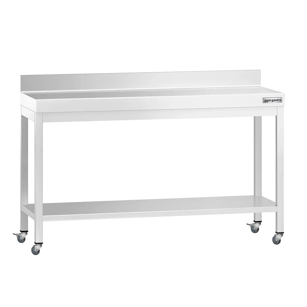 Работна маса PREMIUM от неръждаема стомана - 1500x700mm - с основа, стойка и колелца