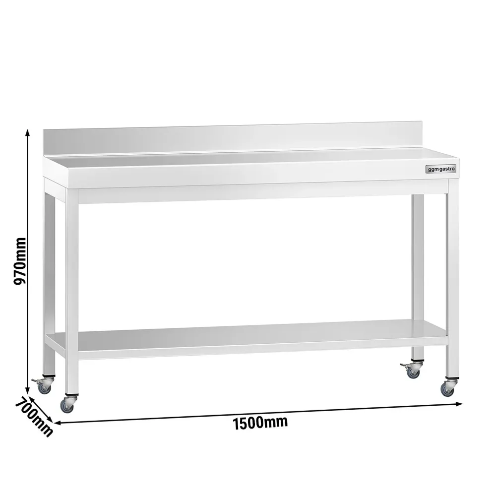 Работна маса PREMIUM от неръждаема стомана - 1500x700mm - с основа, стойка и колелца