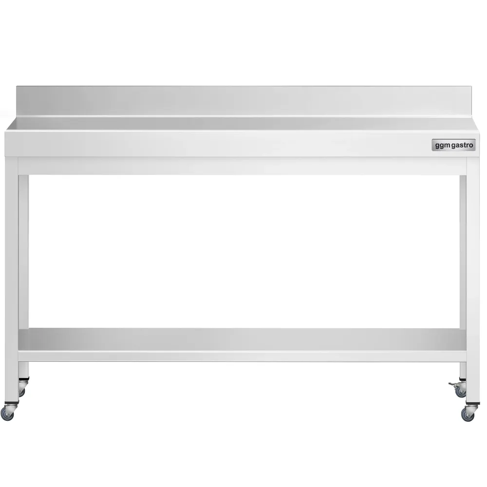 Работна маса PREMIUM от неръждаема стомана - 1500x700mm - с основа, стойка и колелца
