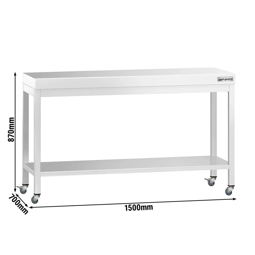Работна маса PREMIUM от неръждаема стомана - 1500x700mm - с основа и колелца